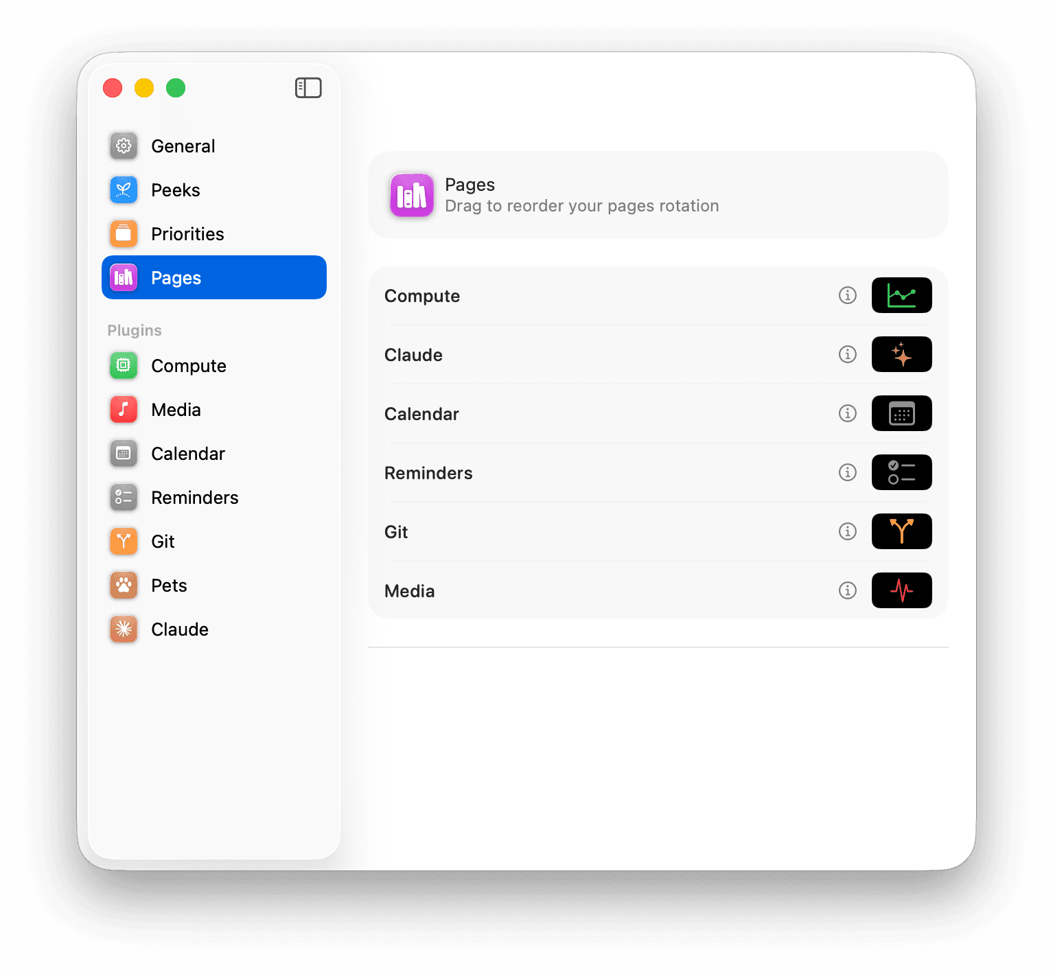 Dynano settings window showing the Pages rotation order