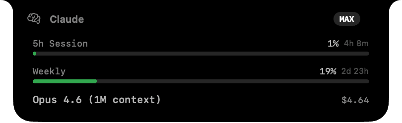 Dynano peek showing Claude session and weekly usage with model and cost