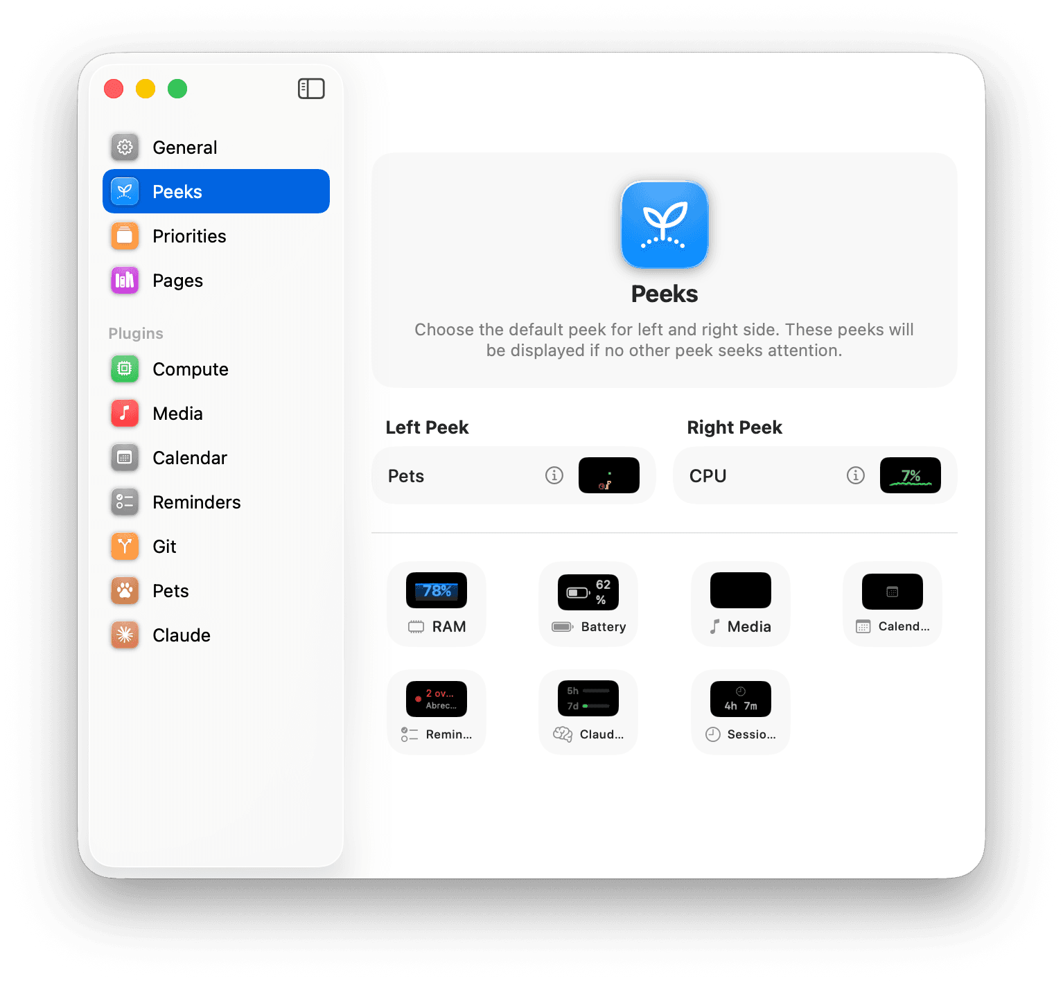 Dynano settings window showing the Peeks configuration screen