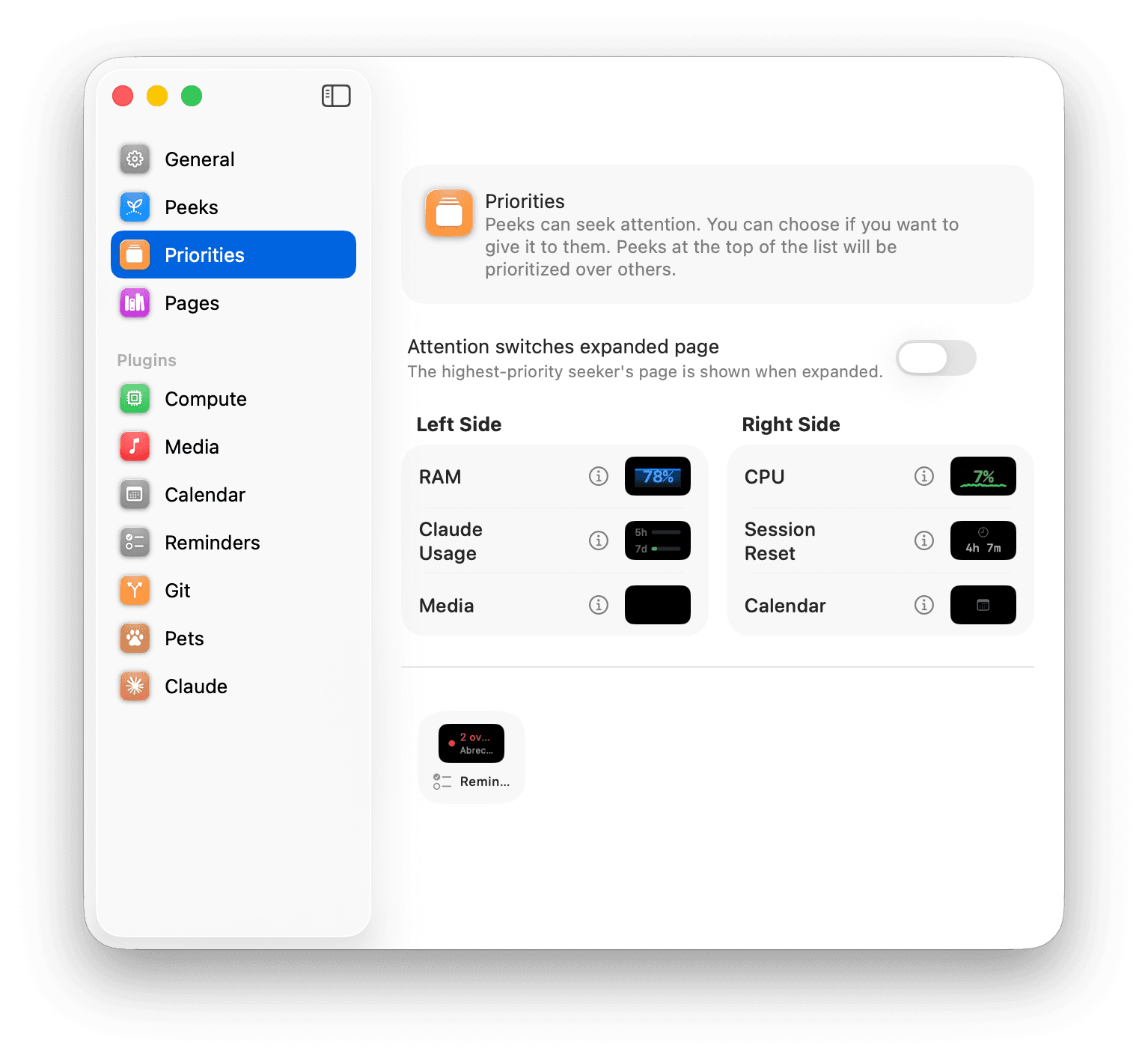 Dynano settings window showing peek priority configuration
