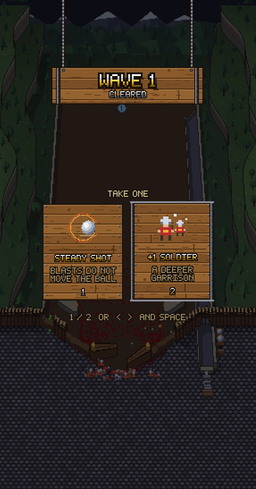 Wave 1 cleared. Take one: Steady Shot, or +1 Soldier.