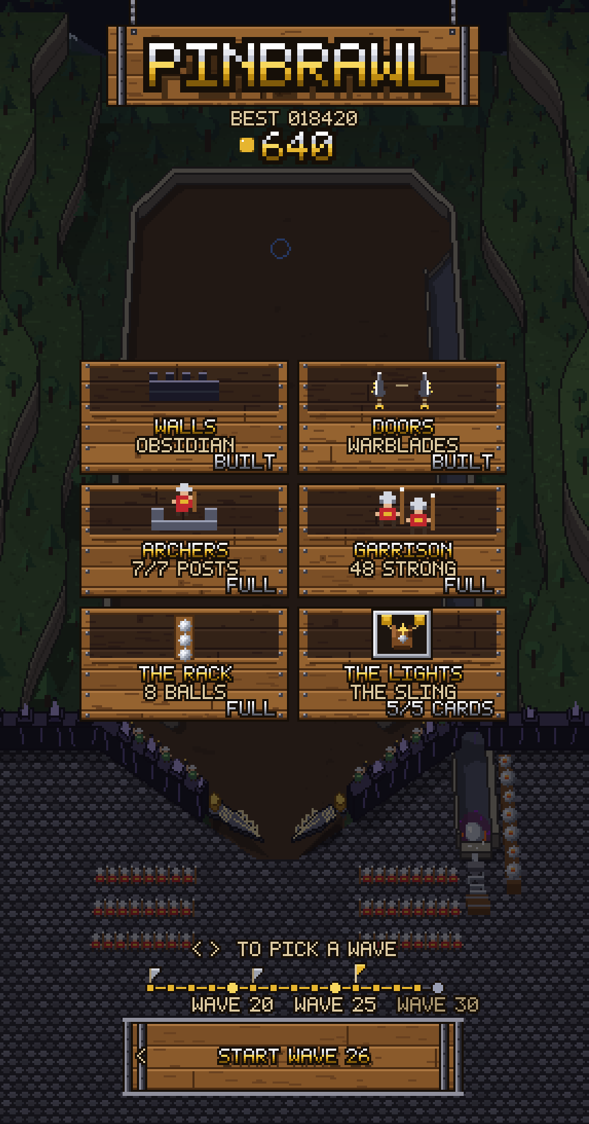 The menu much later: obsidian walls, warblade doors, seven archers, 48 soldiers, eight balls, all bought.