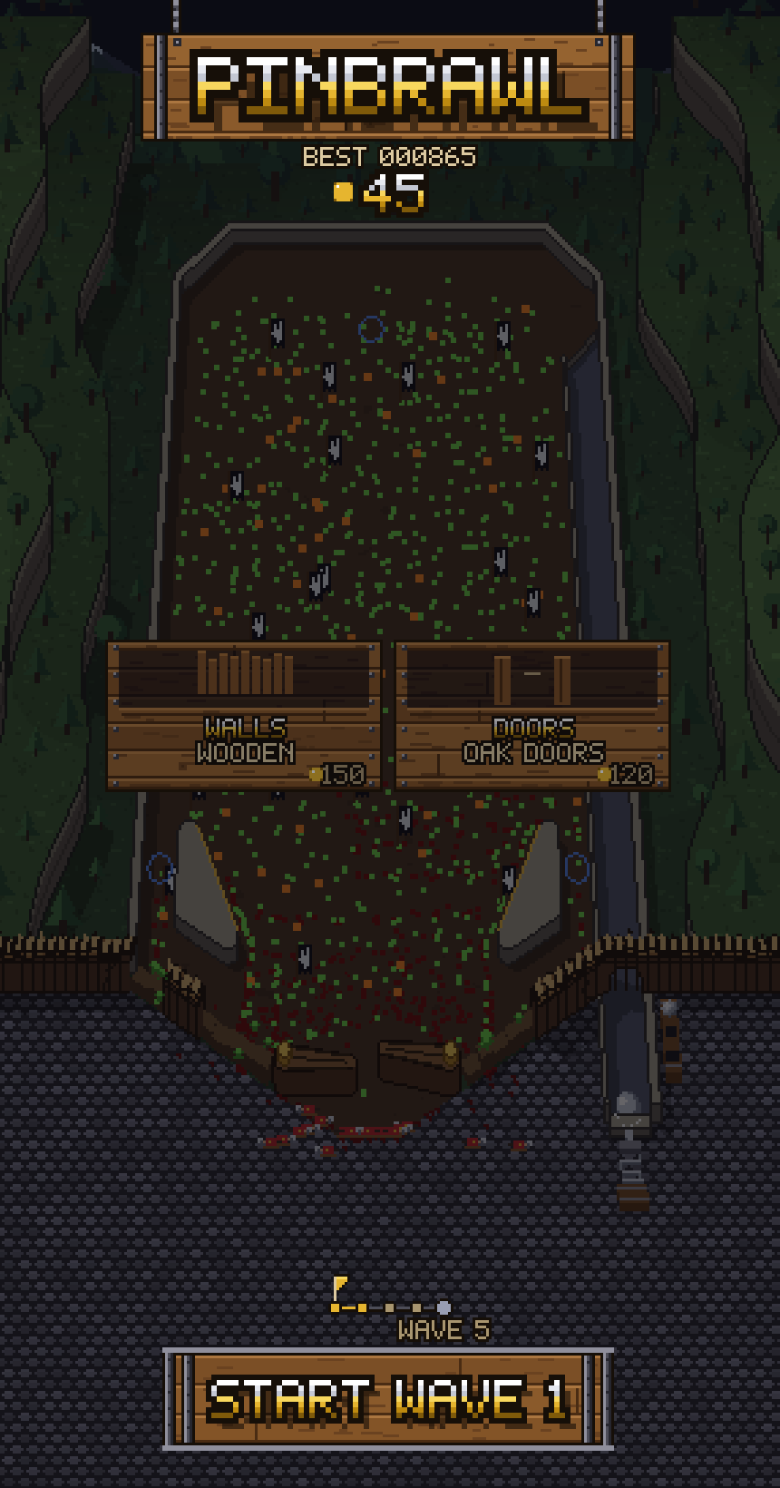The menu on the first run: 45 gold, wooden walls for 150, oak doors for 120.