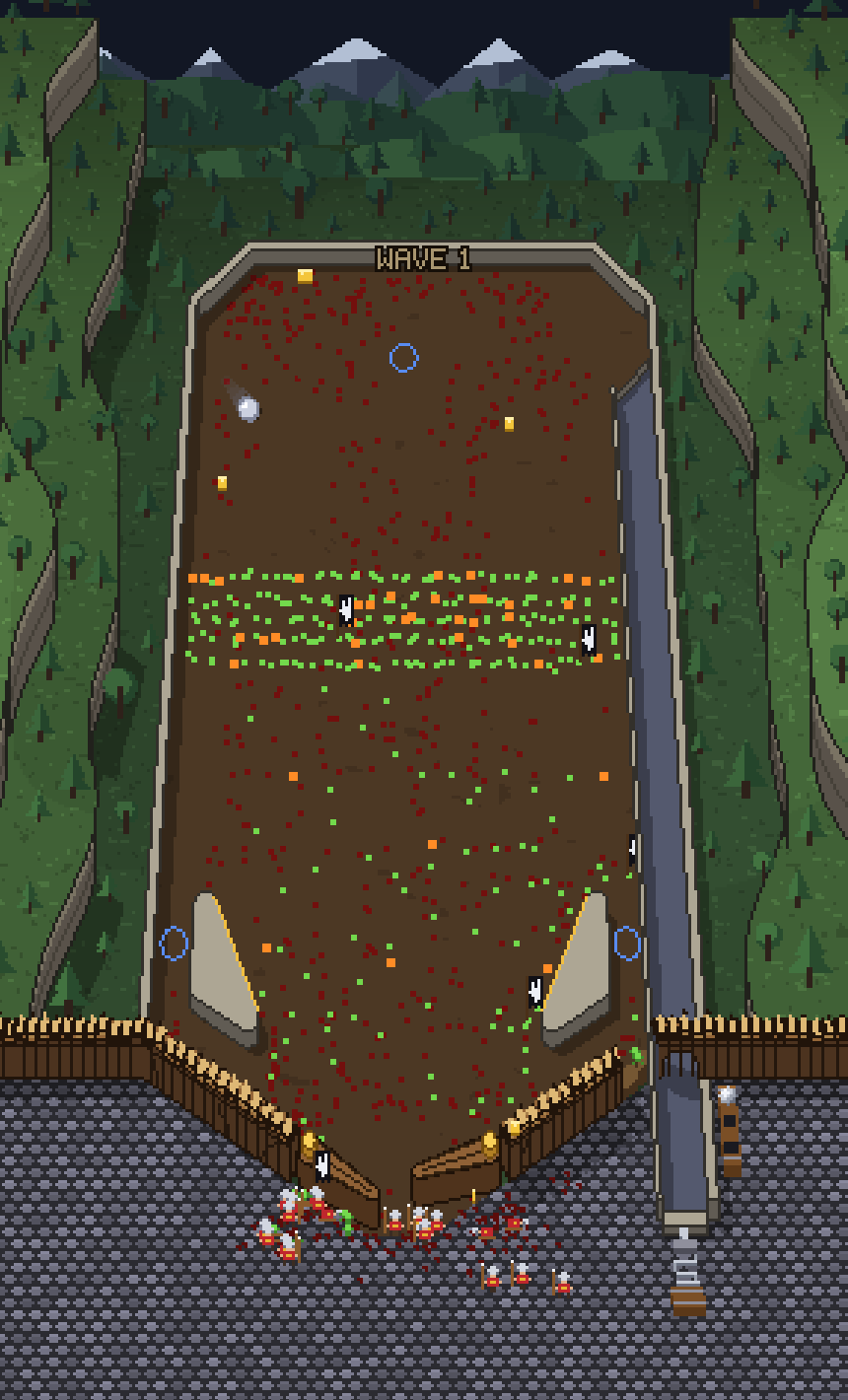 Wave 1: a thin line of orcs marching down a mostly empty table towards a wooden fence.