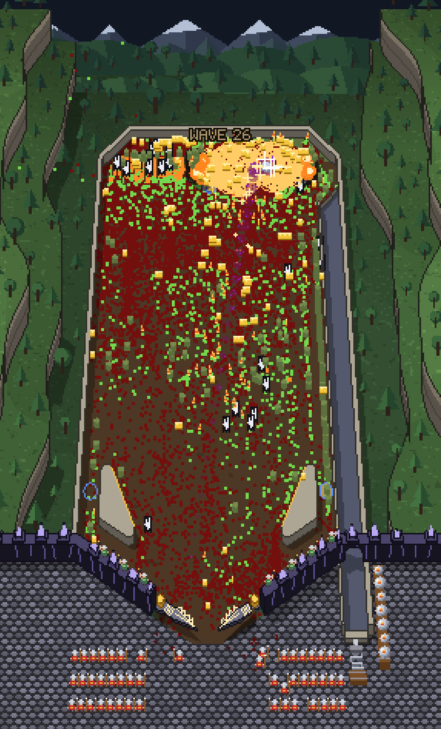 Wave 26 in Pinbrawl: a bomb going off at the top of the table, the ground soaked red, gold coins everywhere.