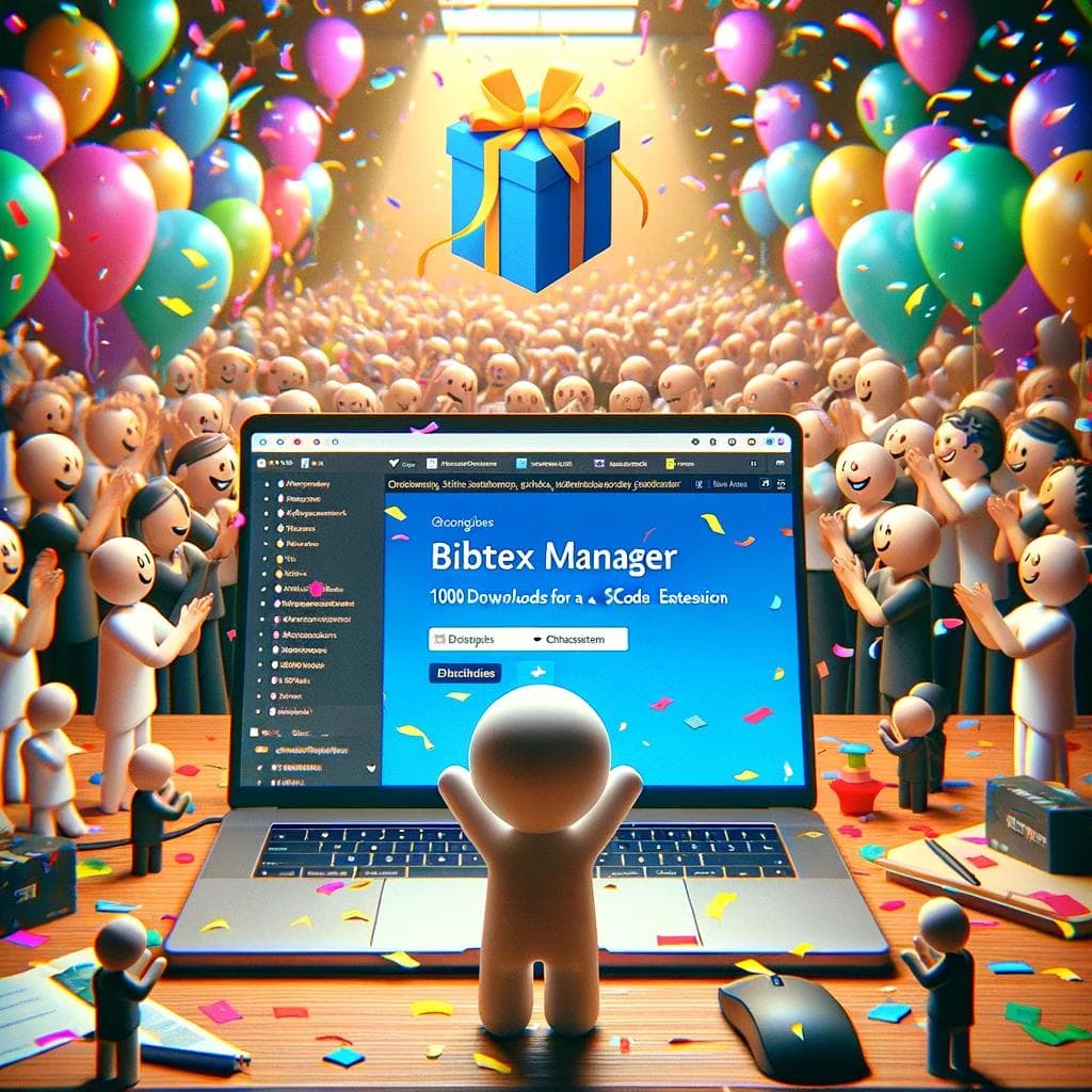 An image of a figurine standing in front of a laptop. Many around celebrate.