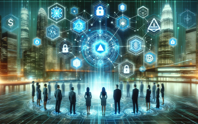 Image showing a group of people standing in a circle around a network of floating objects.