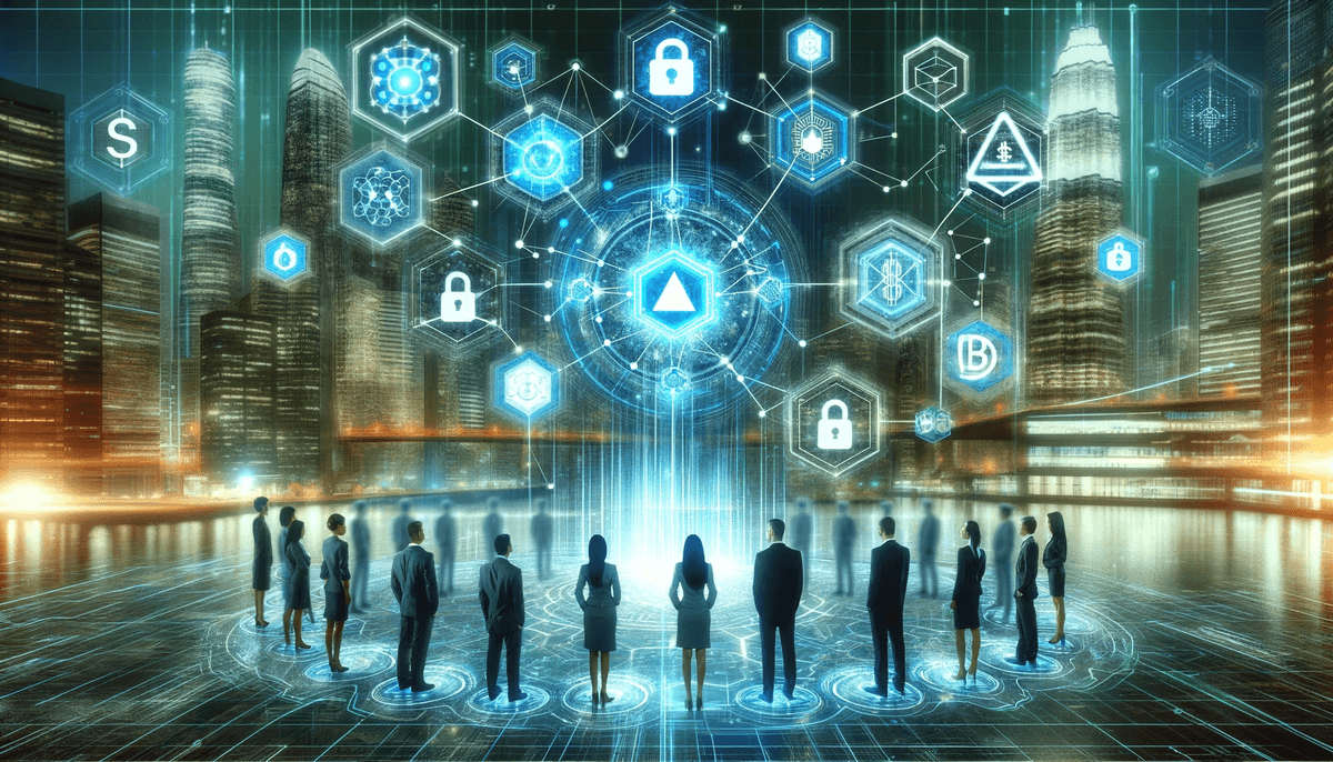 Image showing a group of people standing in a circle around a network of floating objects.